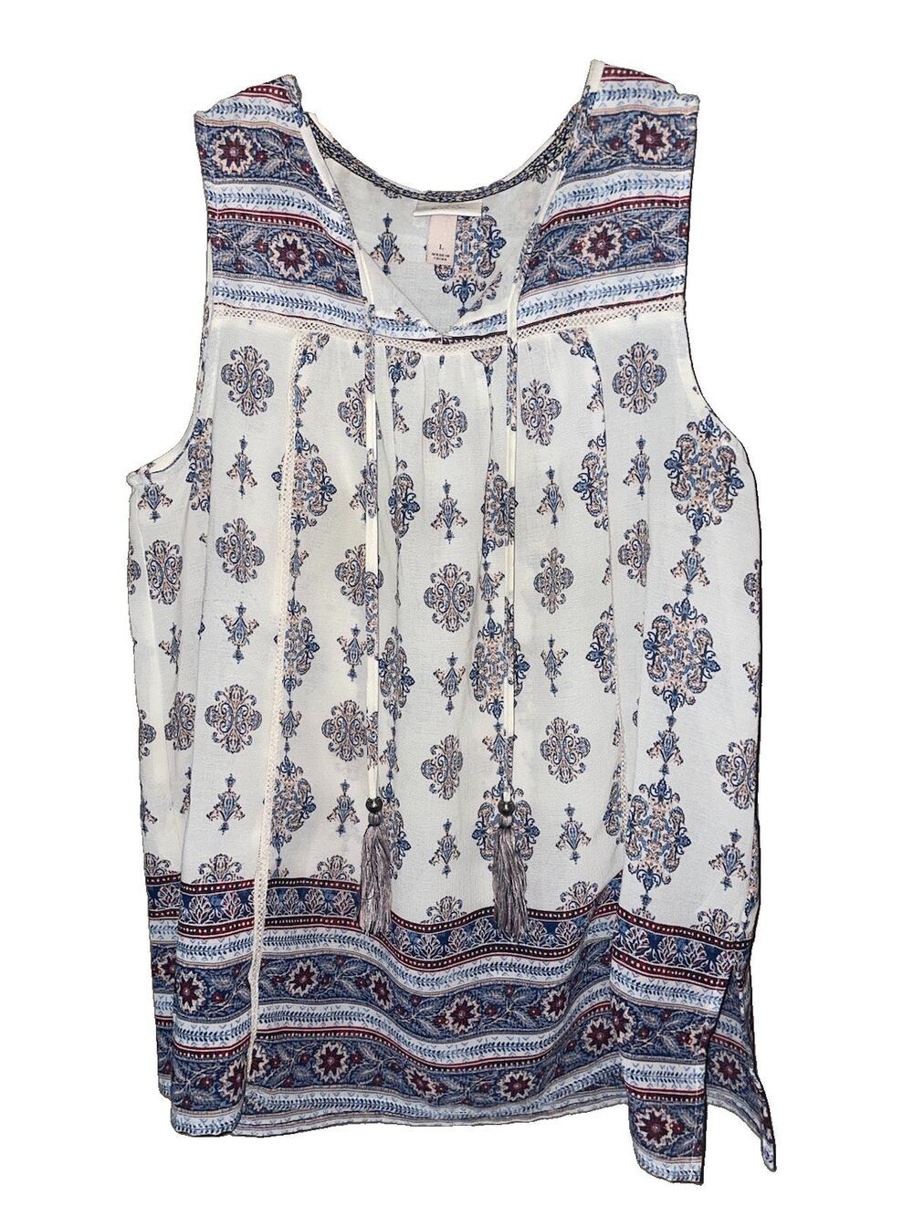 Knox Rose Women Large Blue White Medallion Paisley Boho Tassel Tank Top Blouse
